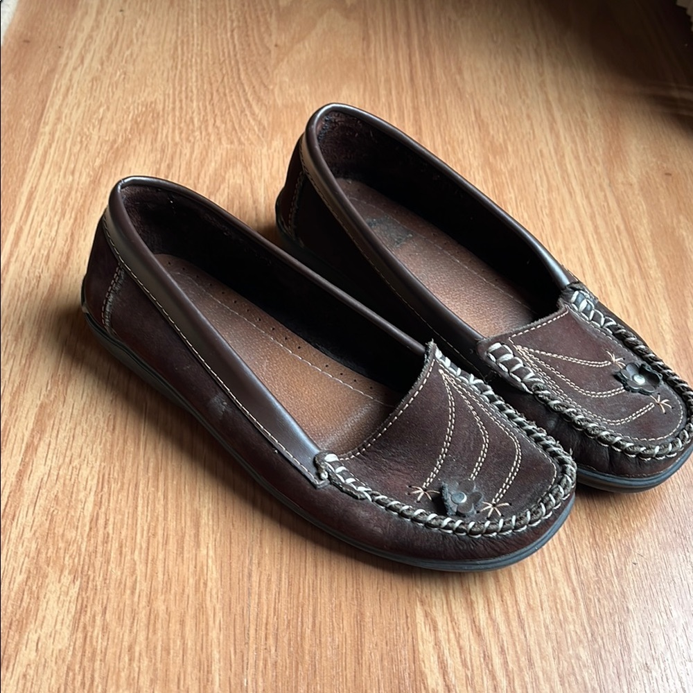 Mary Jane Brown Leather Flats with Moccasin Stitching